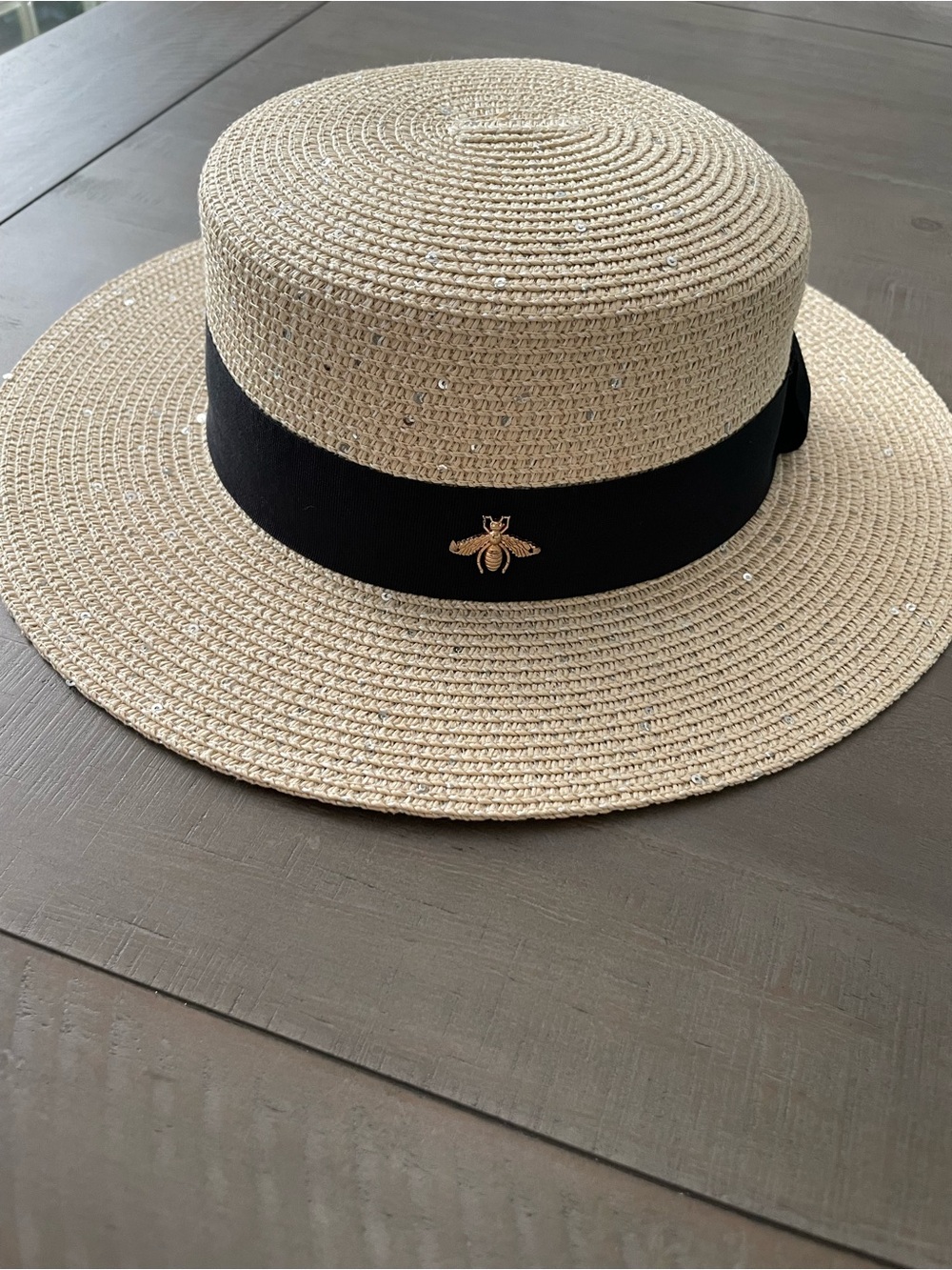 Straw Bee Hat with Black Band and Gold Bee Pin silver sequin sequins gg - Picture 2 of 10